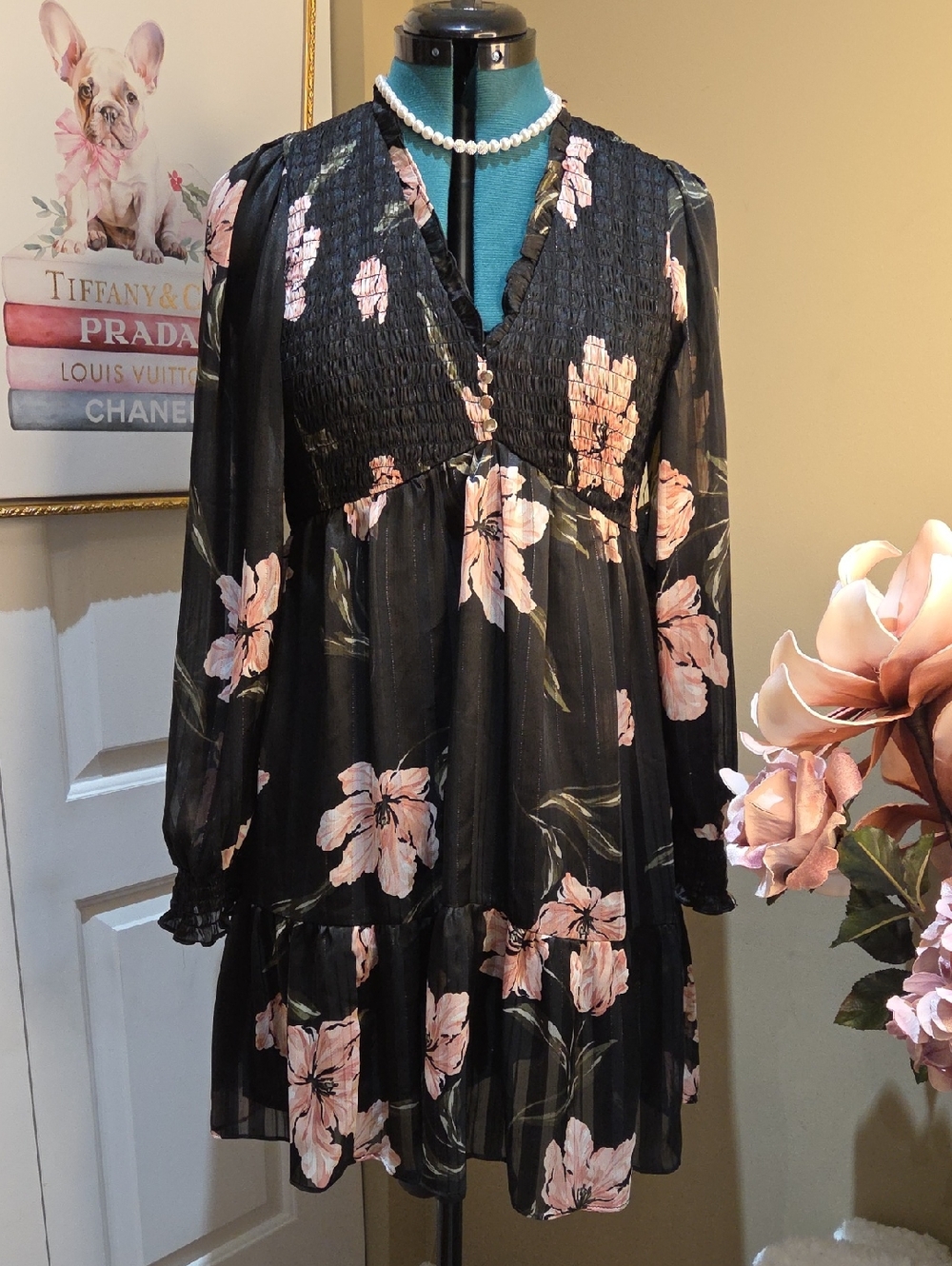 Nwt Large CeCe Blue and White Floral Tie-Waist Midi Dress Fitt Medium As Well